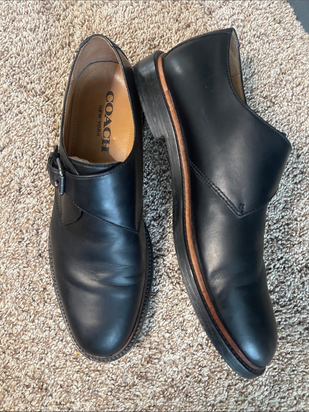 Coach Black Leather Single-Buckle Monk Strap Oxfords